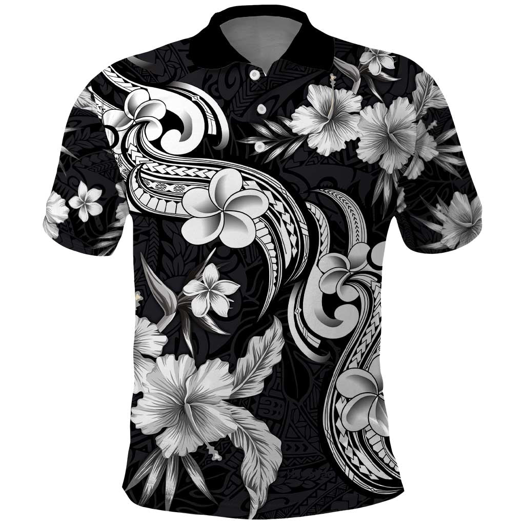Hawaiian-Polynesian Art Tattoo Polo Shirt Hibiscus and Plumeria Grayscale