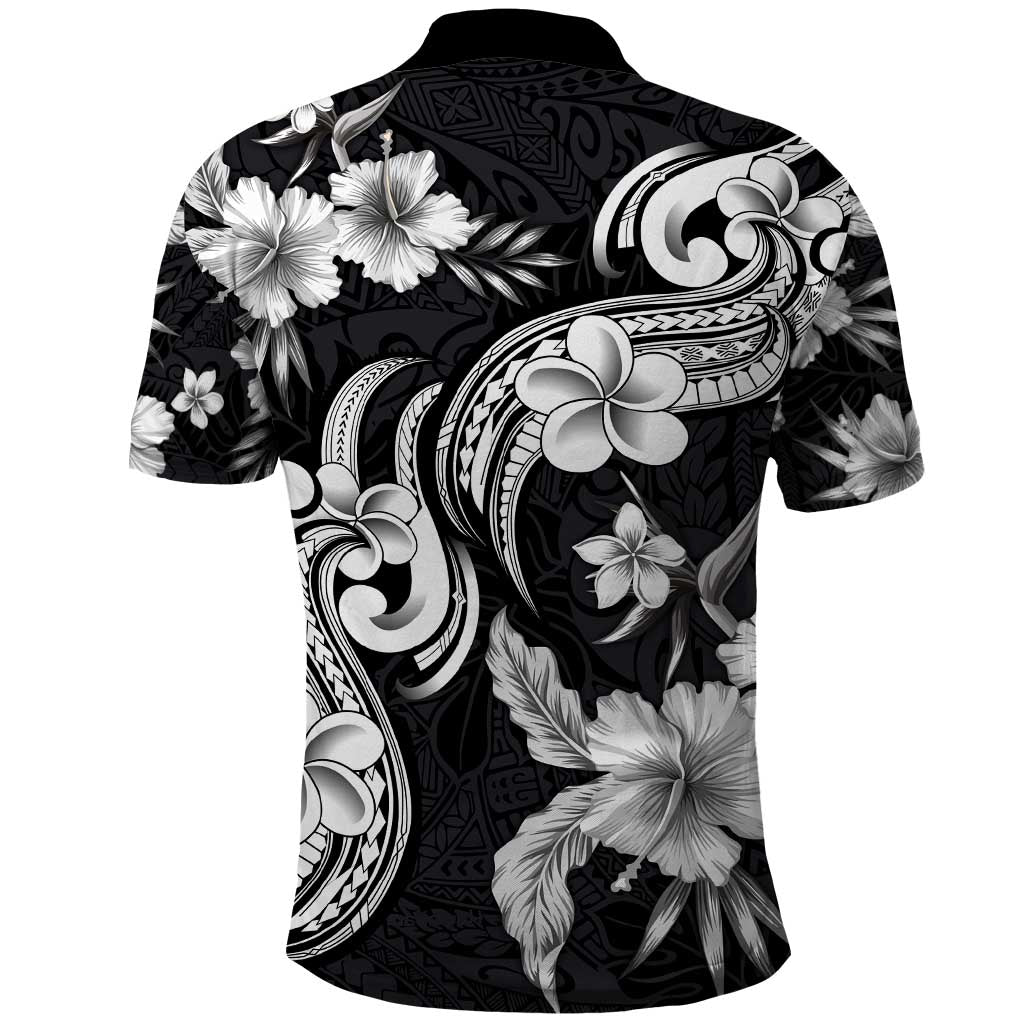 Hawaiian-Polynesian Art Tattoo Polo Shirt Hibiscus and Plumeria Grayscale
