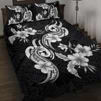 Hawaiian-Polynesian Art Tattoo Quilt Bed Set Hibiscus and Plumeria Grayscale