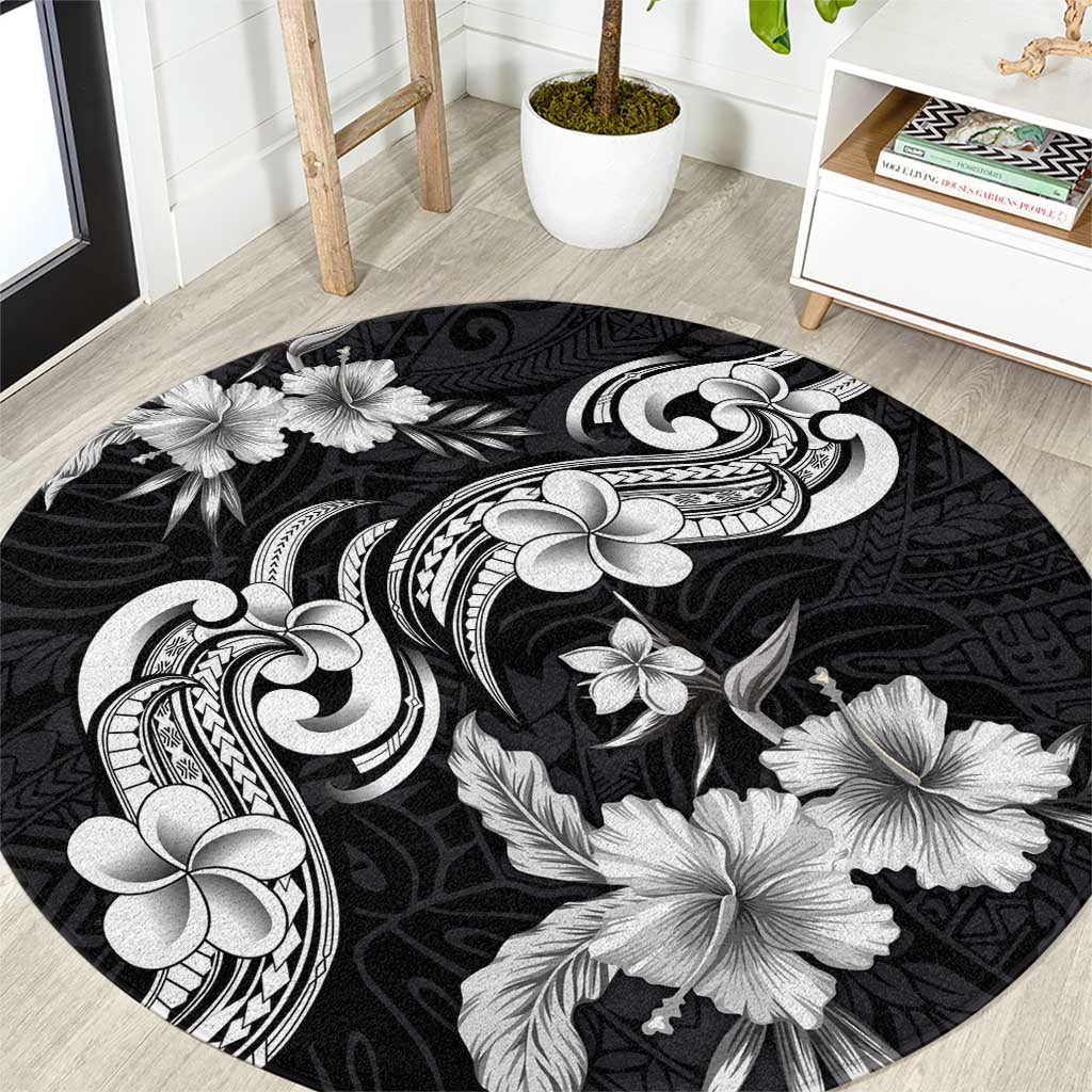 Hawaiian-Polynesian Art Tattoo Round Carpet Hibiscus and Plumeria Grayscale LT03 Black - Polynesian Pride