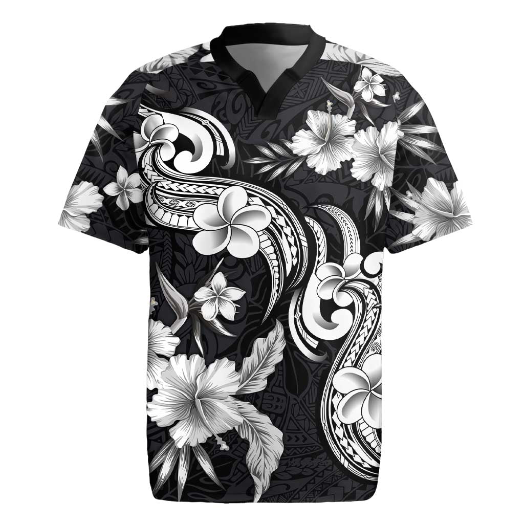 Hawaiian-Polynesian Art Tattoo Rugby Jersey Hibiscus and Plumeria Grayscale