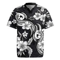Hawaiian-Polynesian Art Tattoo Rugby Jersey Hibiscus and Plumeria Grayscale