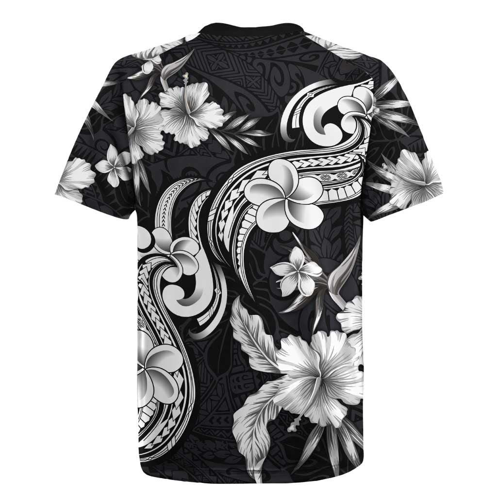 Hawaiian-Polynesian Art Tattoo Rugby Jersey Hibiscus and Plumeria Grayscale