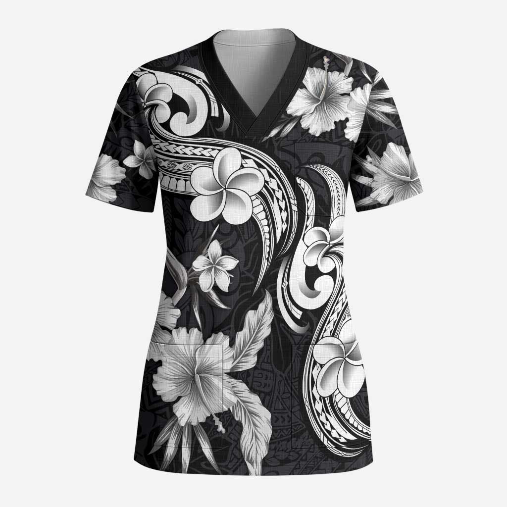 Hawaiian-Polynesian Art Tattoo Scrub Top Hibiscus and Plumeria Grayscale LT03 Adult Black - Polynesian Pride