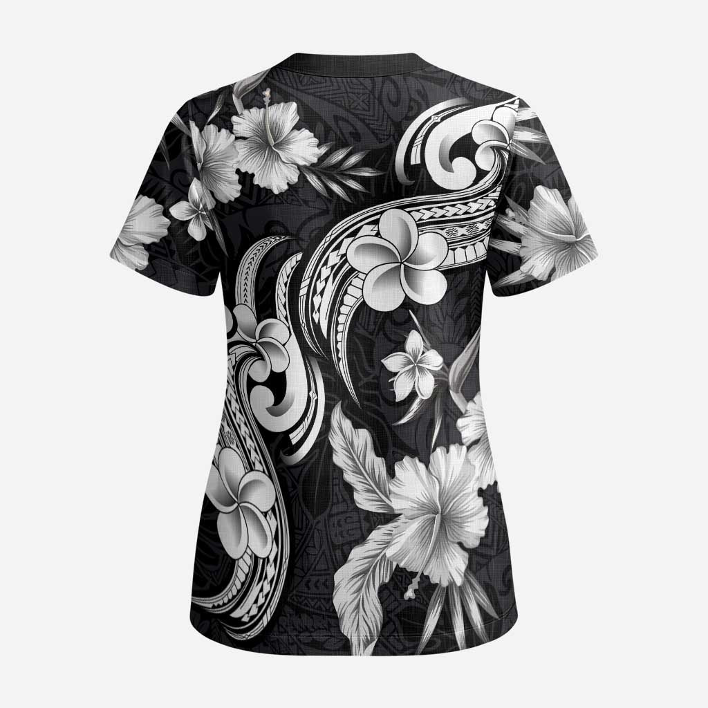 Hawaiian-Polynesian Art Tattoo Scrub Top Hibiscus and Plumeria Grayscale - Polynesian Pride