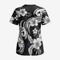 Hawaiian-Polynesian Art Tattoo Scrub Top Hibiscus and Plumeria Grayscale - Polynesian Pride