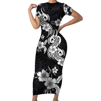 Hawaiian-Polynesian Art Tattoo Short Sleeve Bodycon Dress Hibiscus and Plumeria Grayscale