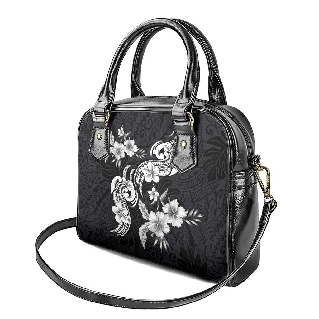 Hawaiian-Polynesian Art Tattoo Shoulder Handbag Hibiscus and Plumeria Grayscale