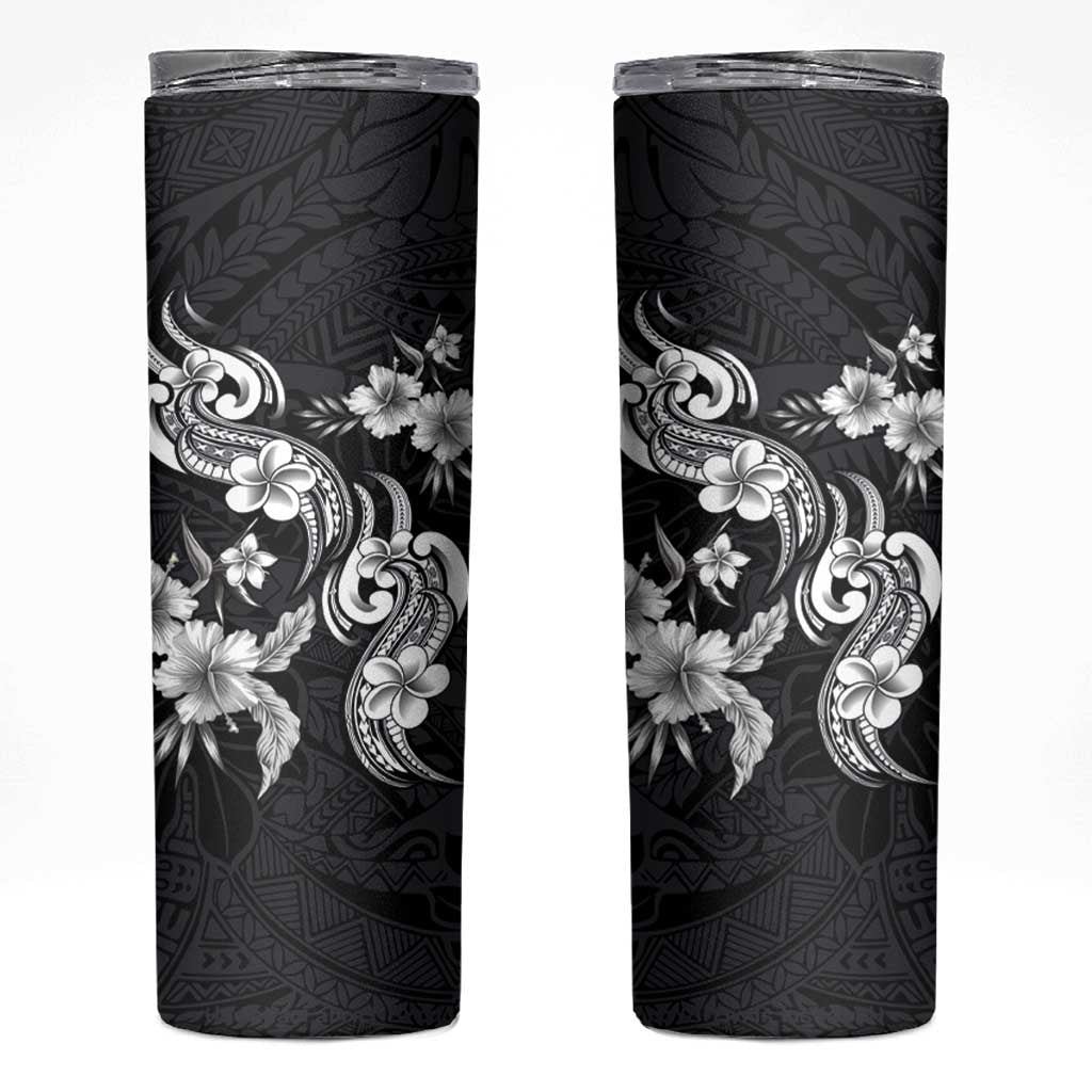 Hawaiian-Polynesian Art Tattoo Skinny Tumbler Hibiscus and Plumeria Grayscale