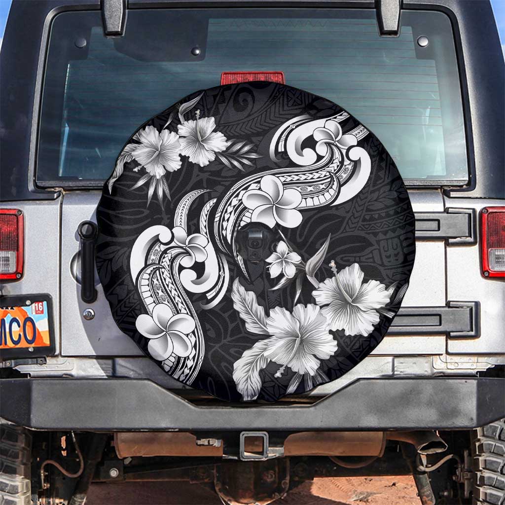 Hawaiian-Polynesian Art Tattoo Spare Tire Cover Hibiscus and Plumeria Grayscale