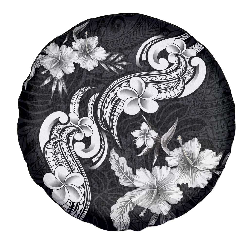 Hawaiian-Polynesian Art Tattoo Spare Tire Cover Hibiscus and Plumeria Grayscale