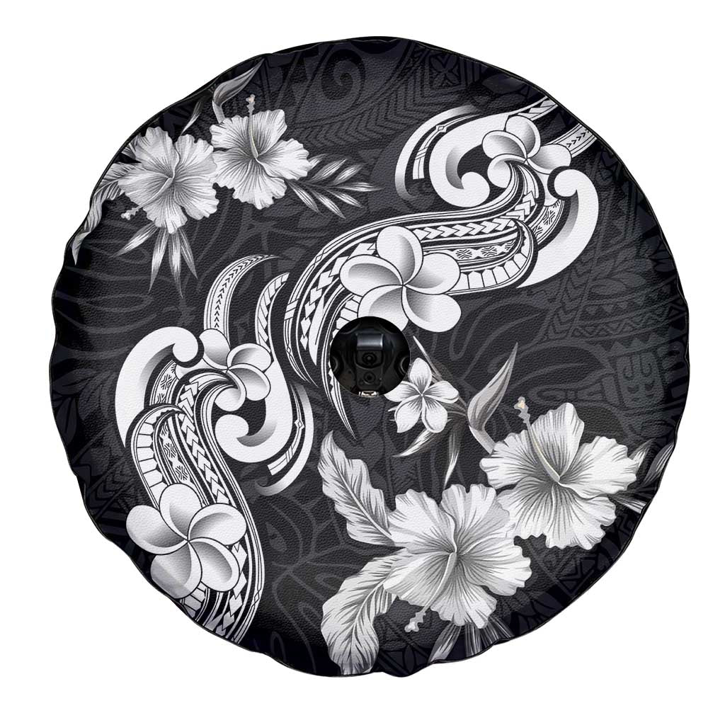Hawaiian-Polynesian Art Tattoo Spare Tire Cover Hibiscus and Plumeria Grayscale