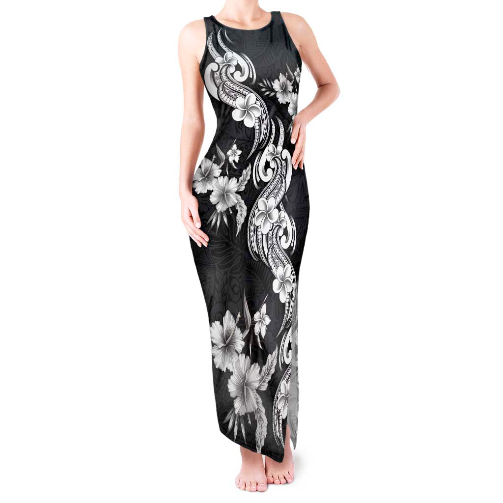 Hawaiian-Polynesian Art Tattoo Tank Maxi Dress Hibiscus and Plumeria Grayscale