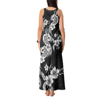 Hawaiian-Polynesian Art Tattoo Tank Maxi Dress Hibiscus and Plumeria Grayscale