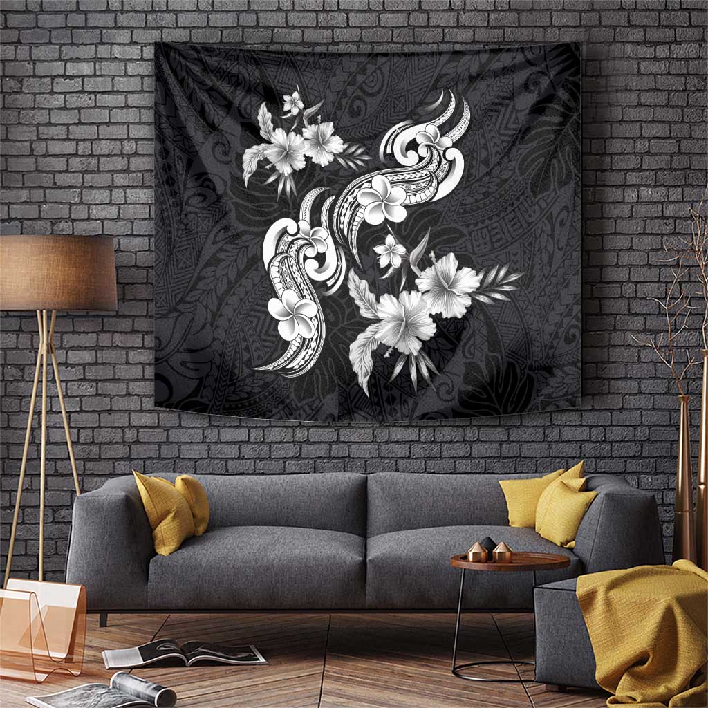 Hawaiian-Polynesian Art Tattoo Tapestry Hibiscus and Plumeria Grayscale LT03 Black - Polynesian Pride