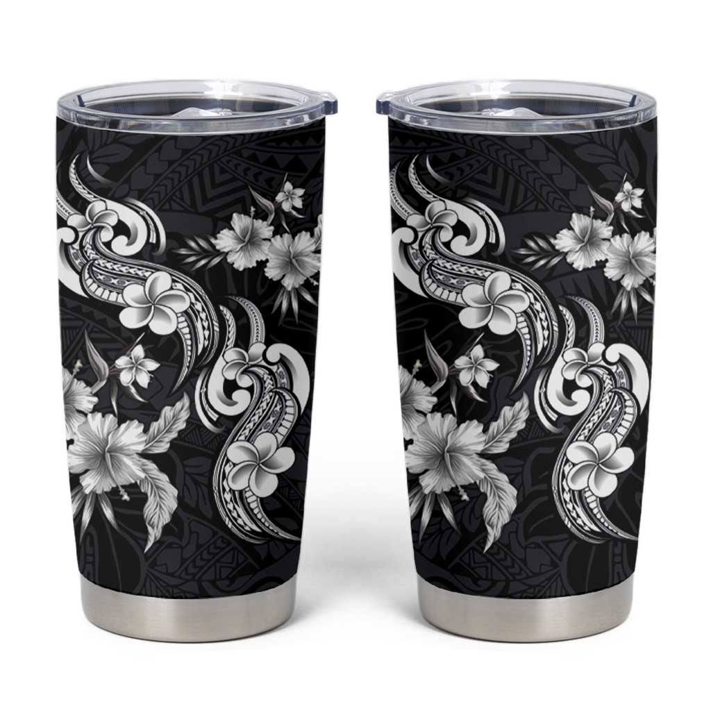 Hawaiian-Polynesian Art Tattoo Tumbler Cup Hibiscus and Plumeria Grayscale