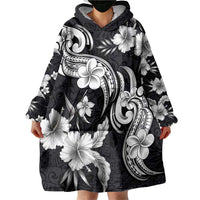Hawaiian-Polynesian Art Tattoo Wearable Blanket Hoodie Hibiscus and Plumeria Grayscale