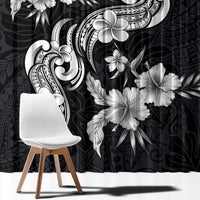 Hawaiian-Polynesian Art Tattoo Window Curtain Hibiscus and Plumeria Grayscale