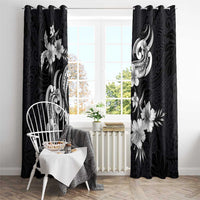 Hawaiian-Polynesian Art Tattoo Window Curtain Hibiscus and Plumeria Grayscale