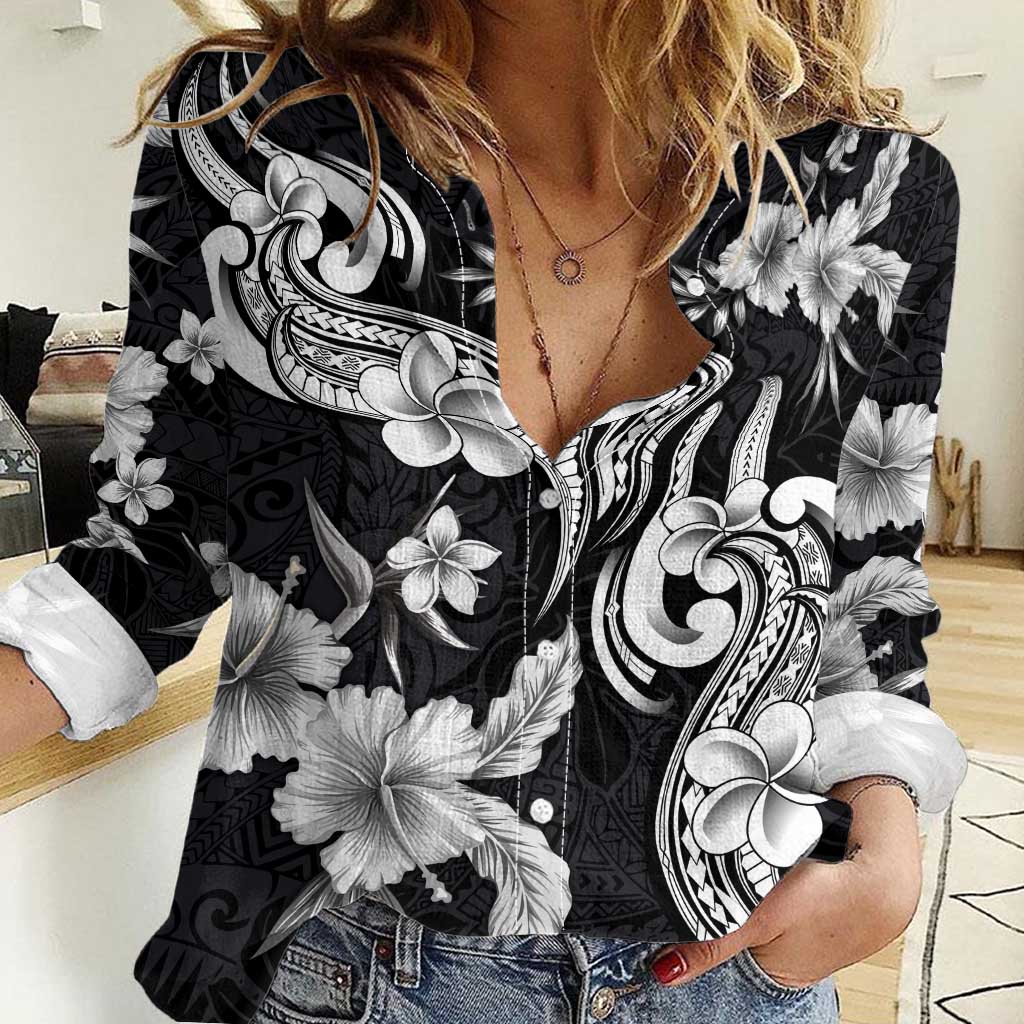 Hawaiian-Polynesian Art Tattoo Women Casual Shirt Hibiscus and Plumeria Grayscale