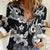 Hawaiian-Polynesian Art Tattoo Women Casual Shirt Hibiscus and Plumeria Grayscale