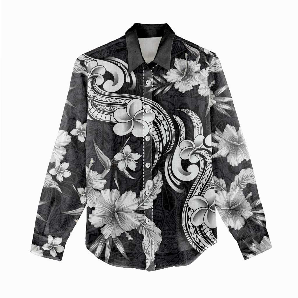 Hawaiian-Polynesian Art Tattoo Women Casual Shirt Hibiscus and Plumeria Grayscale