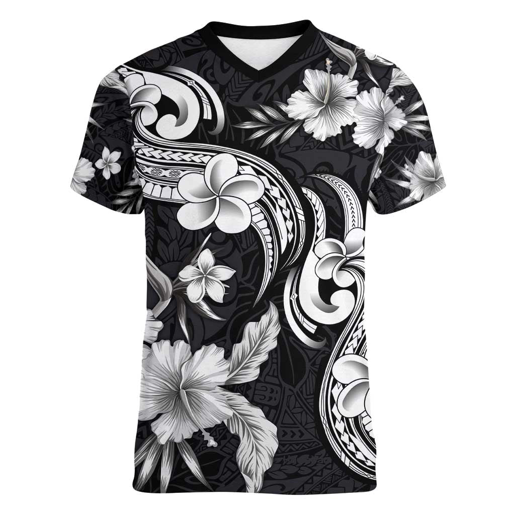 Hawaiian-Polynesian Art Tattoo Women V-Neck T-Shirt Hibiscus and Plumeria Grayscale LT03 Female Black - Polynesian Pride