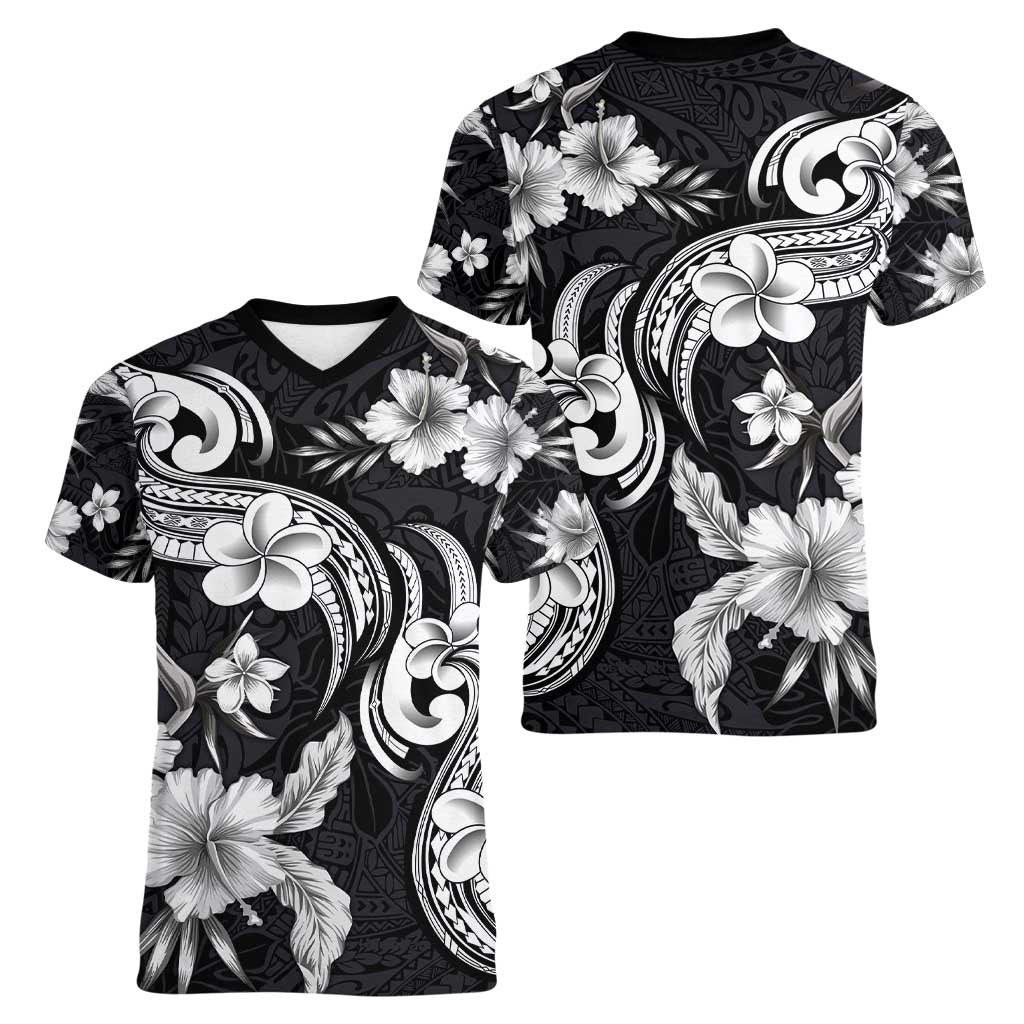 Hawaiian-Polynesian Art Tattoo Women V-Neck T-Shirt Hibiscus and Plumeria Grayscale