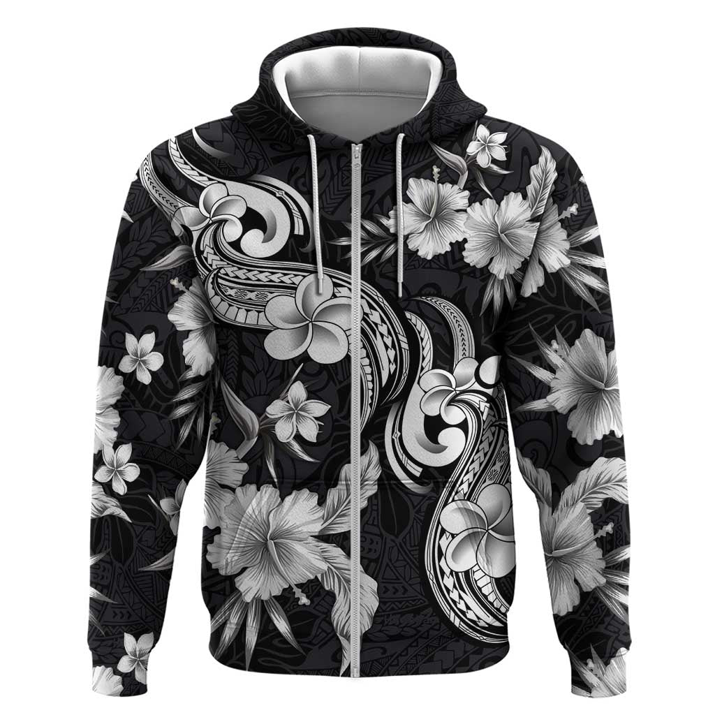 Hawaiian-Polynesian Art Tattoo Zip Hoodie Hibiscus and Plumeria Grayscale LT03 Zip Hoodie Black - Polynesian Pride