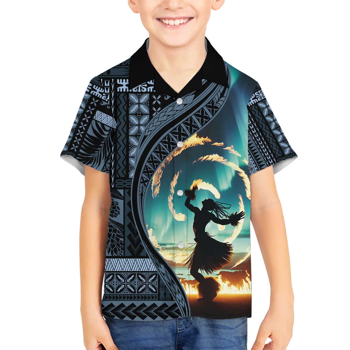 Samoan Siapo Motif and Siva Afi Dance Family Matching Off Shoulder Short Dress and Hawaiian Shirt