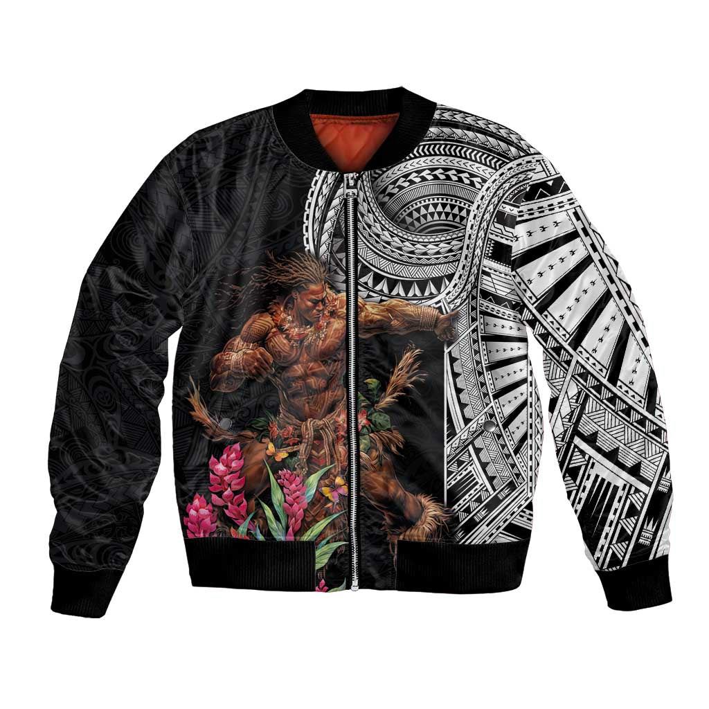 Samoan Warrior Art Tattoo Bomber Jacket Polynesian Pattern and Teuila LT03 Unisex Black - Polynesian Pride