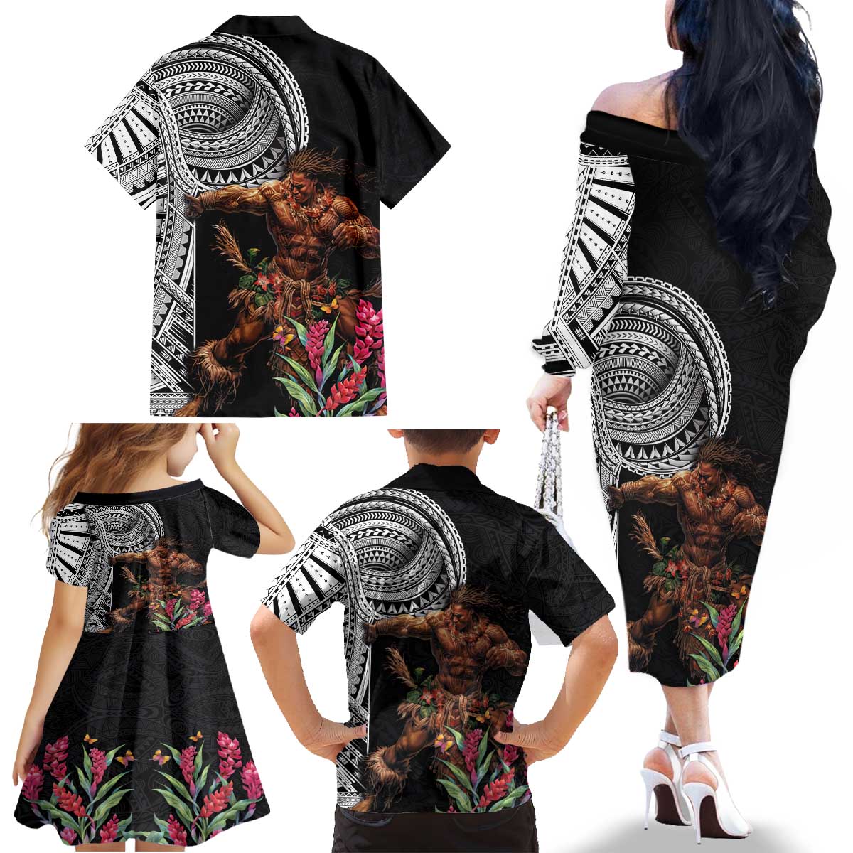 Samoan Warrior Art Tattoo Family Matching Off The Shoulder Long Sleeve Dress and Hawaiian Shirt Polynesian Pattern and Teuila