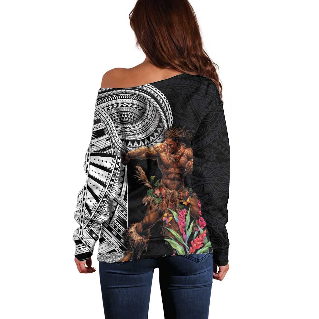 Samoan Warrior Art Tattoo Off Shoulder Sweater Polynesian Pattern and Teuila