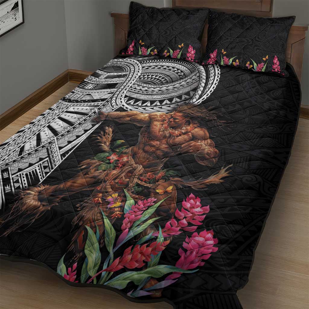 Samoan Warrior Art Tattoo Quilt Bed Set Polynesian Pattern and Teuila