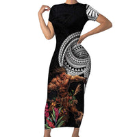 Samoan Warrior Art Tattoo Short Sleeve Bodycon Dress Polynesian Pattern and Teuila LT03 Long Dress Black - Polynesian Pride