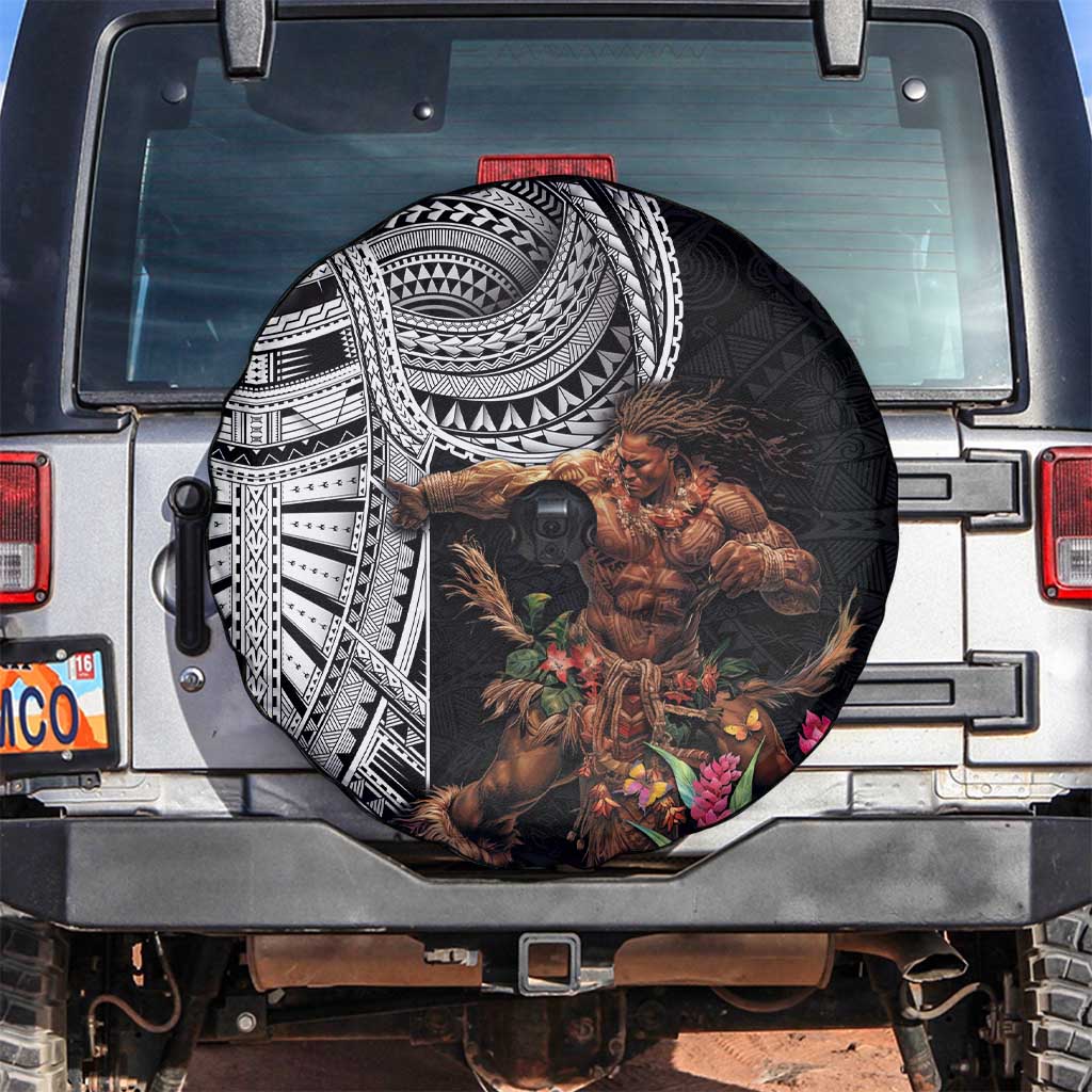 Samoan Warrior Art Tattoo Spare Tire Cover Polynesian Pattern and Teuila LT03 Black - Polynesian Pride