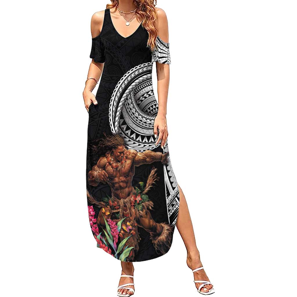 Samoan Warrior Art Tattoo Summer Maxi Dress Polynesian Pattern and Teuila LT03 Women Black - Polynesian Pride