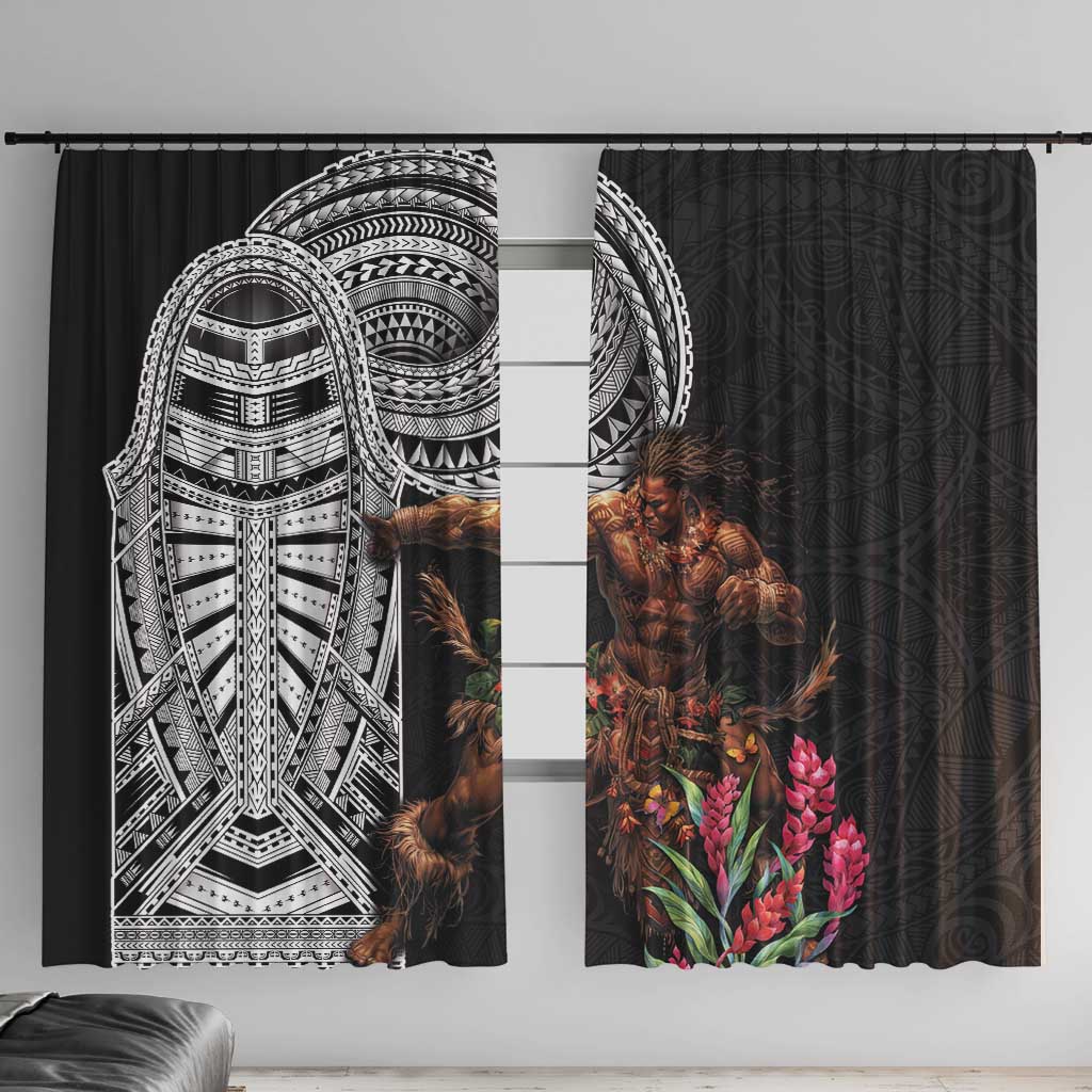 Samoan Warrior Art Tattoo Window Curtain Polynesian Pattern and Teuila LT03 With Hooks Black - Polynesian Pride