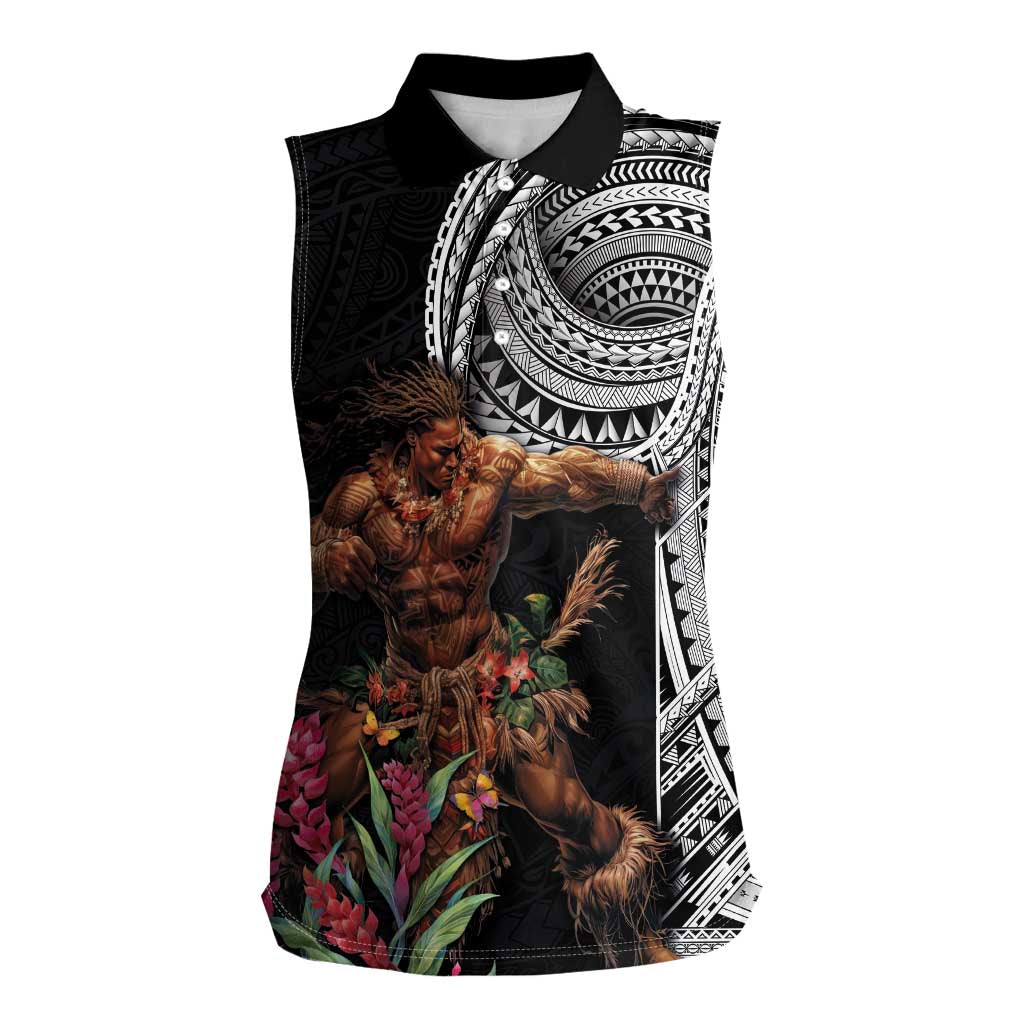 Samoan Warrior Art Tattoo Women Sleeveless Polo Shirt Polynesian Pattern and Teuila LT03 Female Black - Polynesian Pride