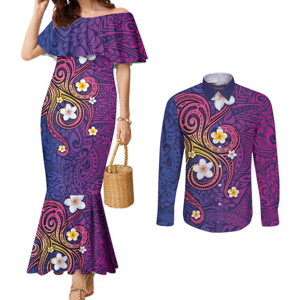 Hawaiian Octopus Tattoo and Frangipani Couples Matching Mermaid Dress and Long Sleeve Button Shirt
