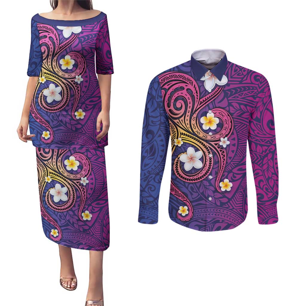 Hawaiian Octopus Tattoo and Frangipani Couples Matching Puletasi and Long Sleeve Button Shirt