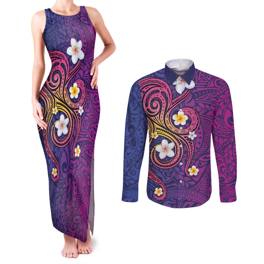 Hawaiian Octopus Tattoo and Frangipani Couples Matching Tank Maxi Dress and Long Sleeve Button Shirt