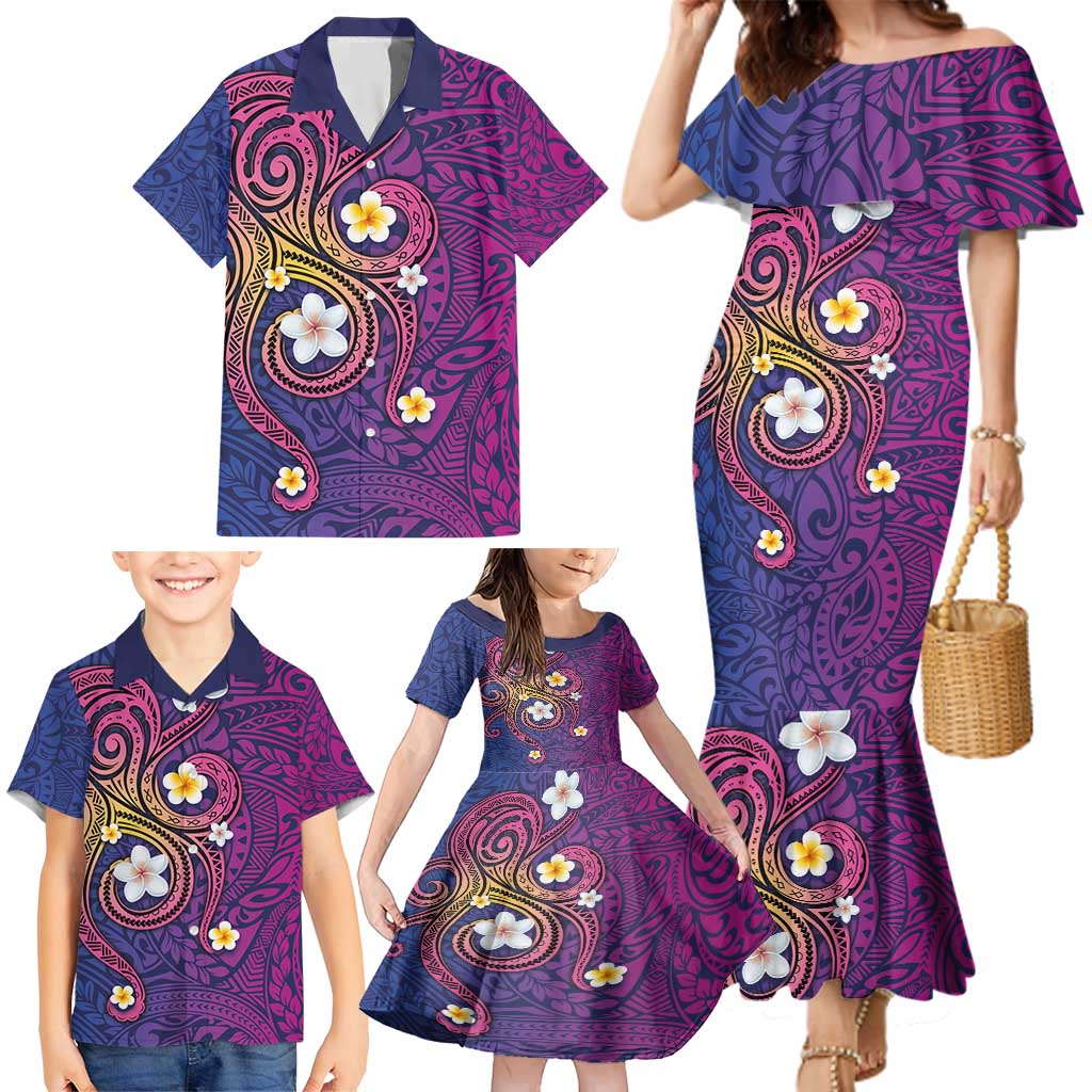 Hawaiian Octopus Tattoo and Frangipani Family Matching Mermaid Dress and Hawaiian Shirt