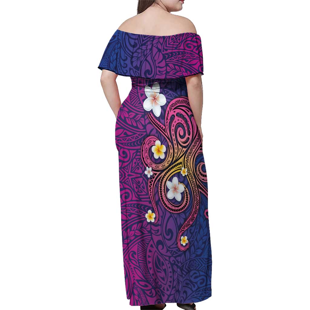 Hawaiian Octopus Tattoo and Frangipani Family Matching Off Shoulder Maxi Dress and Hawaiian Shirt