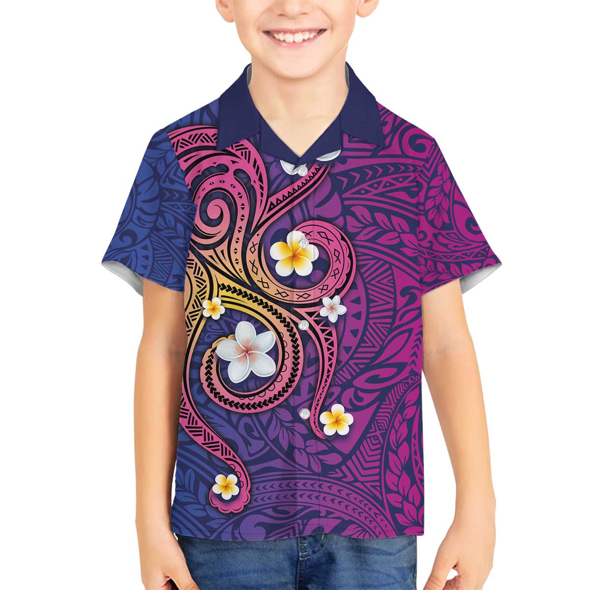 Hawaiian Octopus Tattoo and Frangipani Family Matching Off Shoulder Short Dress and Hawaiian Shirt LT03 Son's Shirt Purple - Polynesian Pride