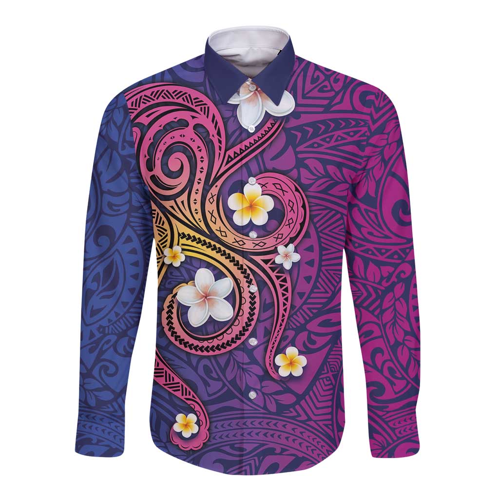 Hawaiian Octopus Tattoo and Frangipani Long Sleeve Button Shirt LT03 Unisex Purple - Polynesian Pride
