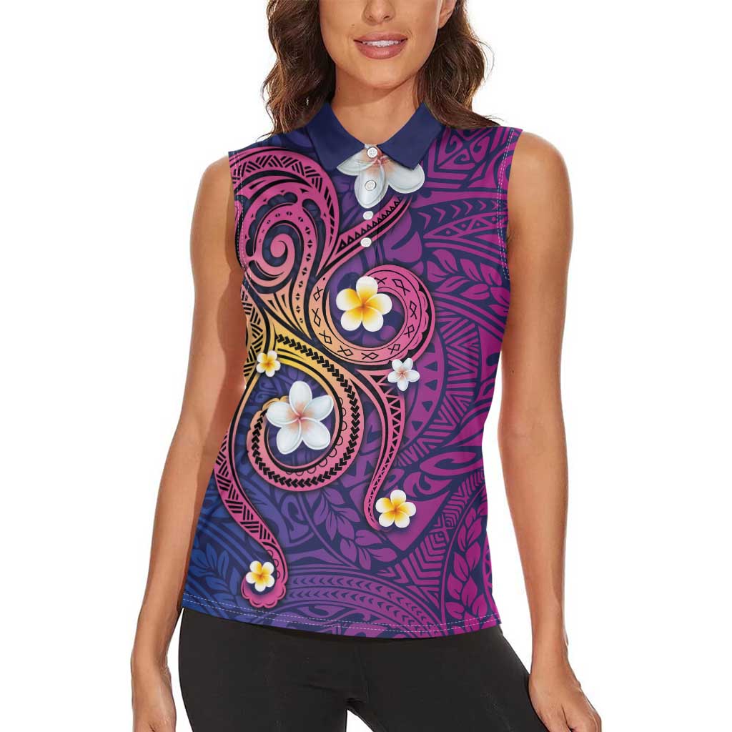 Hawaiian Octopus Tattoo and Frangipani Women Sleeveless Polo Shirt