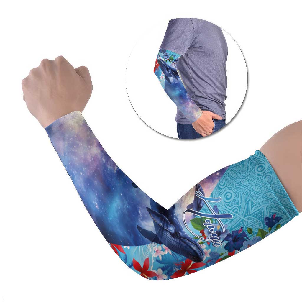 Hawaii Aloha Whales Arm Sleeves Hibiscus and Whales with Polynesian Pattern LT03 Set of 2 Blue - Polynesian Pride