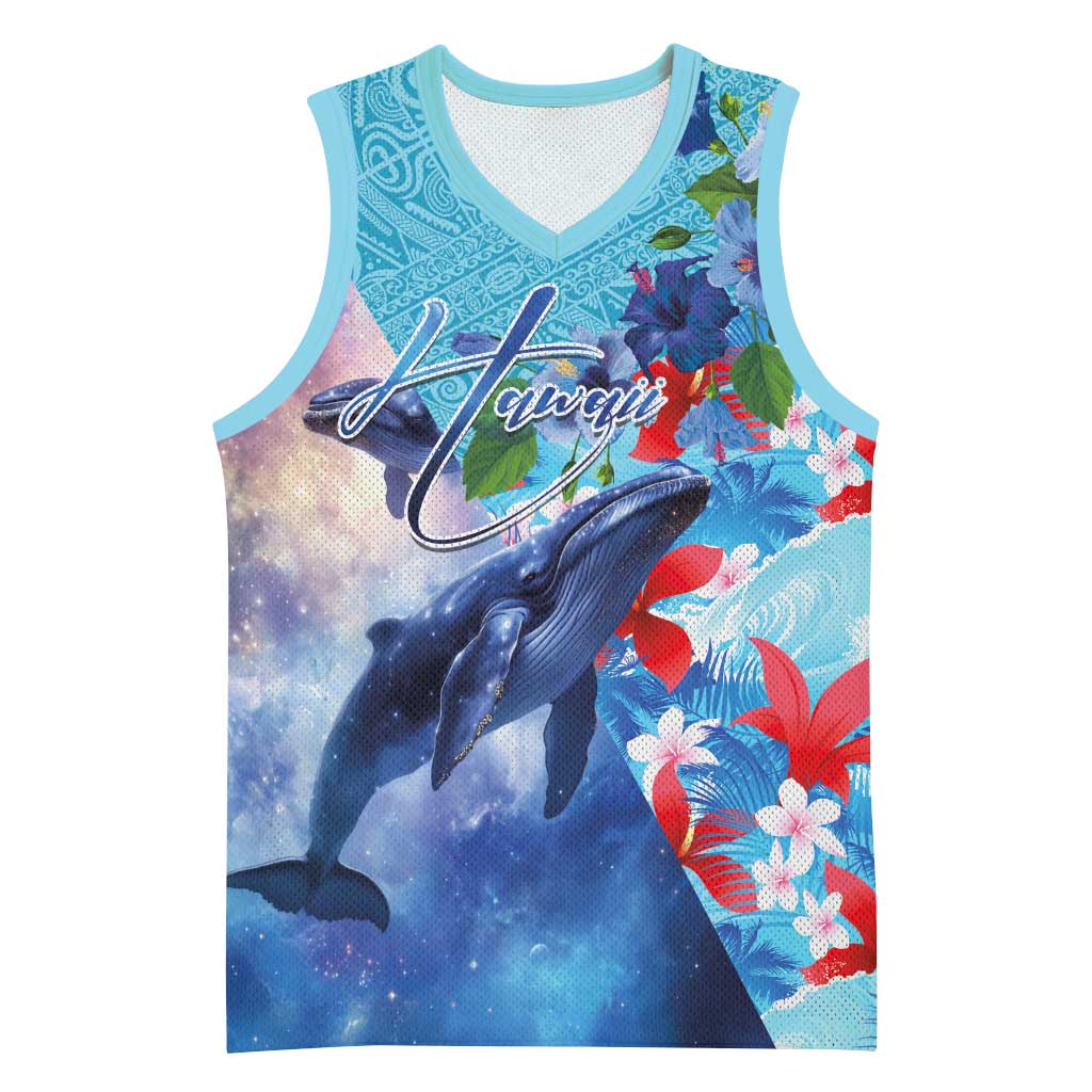 Hawaii Aloha Whales Basketball Jersey Hibiscus and Whales with Polynesian Pattern LT03 Unisex Blue - Polynesian Pride