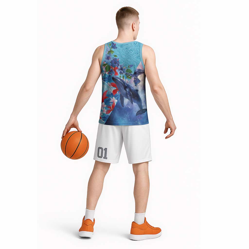 Hawaii Aloha Whales Basketball Jersey Hibiscus and Whales with Polynesian Pattern - Polynesian Pride